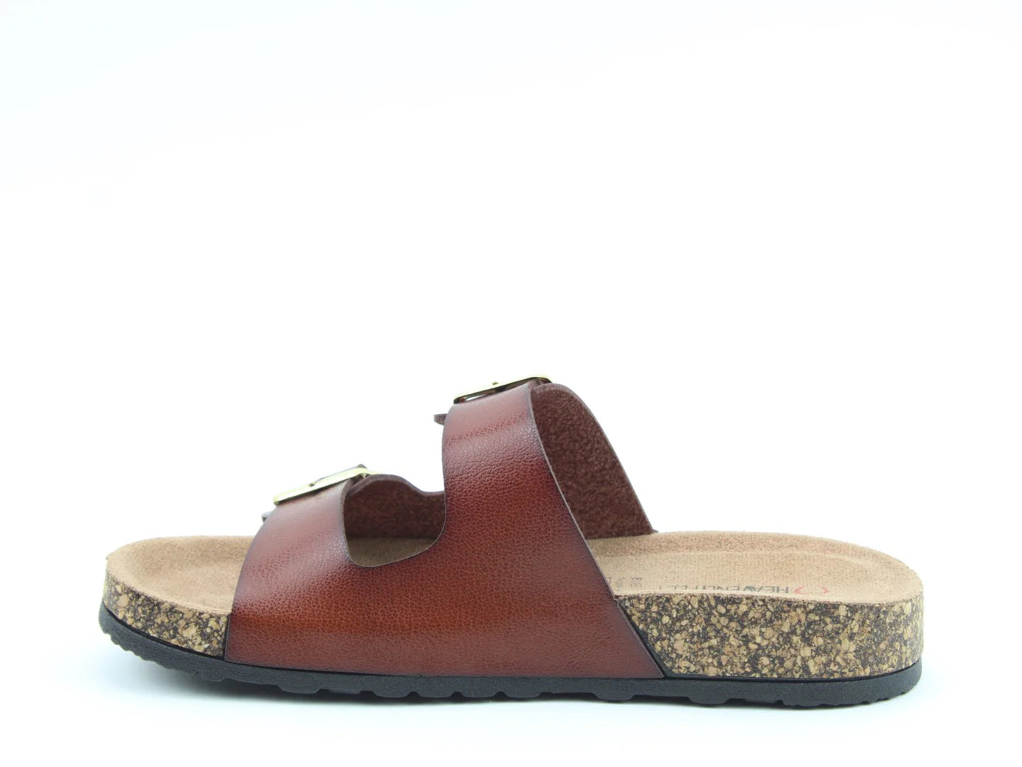 The Harmony2 Sandal is a brown open-toe design with two straps, a cork footbed, and a black rubber sole. This premium sandal combines comfort with style for the perfect vegan-friendly choice.