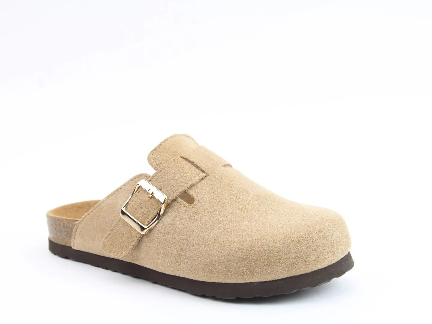 The Alessia Cool Slides feature a tan suede slip-on clog with a brown sole, complemented by a side buckle. Crafted with a contoured footbed, these clogs are as comfortable as they are stylish and proudly vegan-friendly.