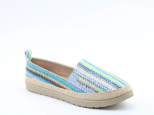 Gracie Blue multicoloured espadrille shoe with a zigzag pattern and beige woven sole. This vegan-friendly design features a convenient pull-tab, isolated on a white background.