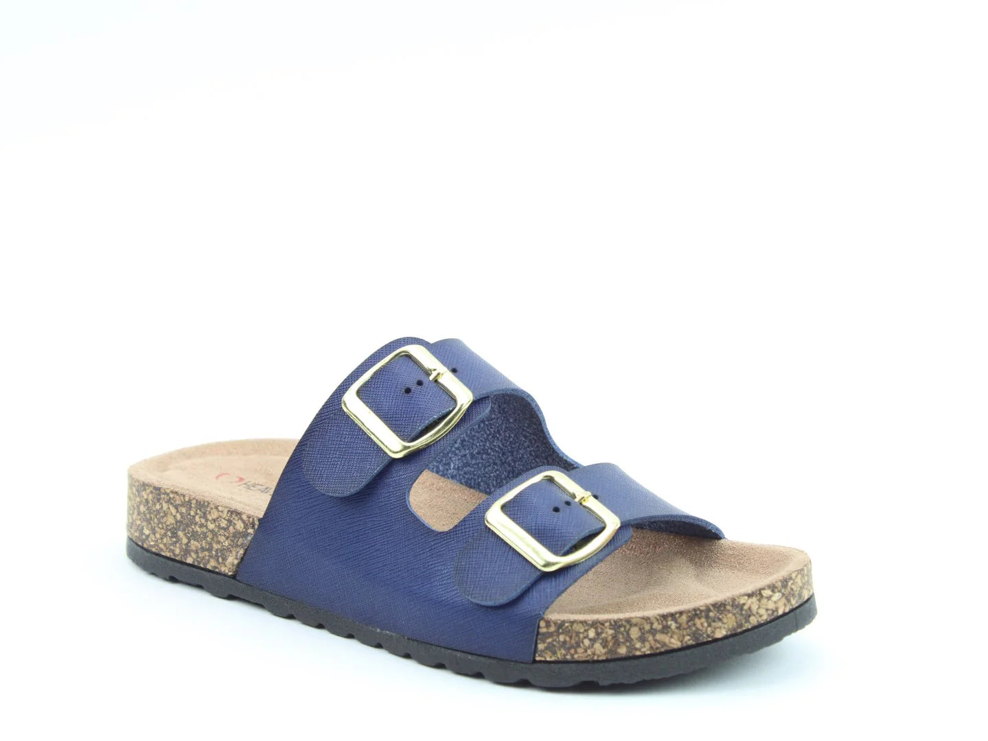 The Harmony2 Sandal is a navy blue, vegan-friendly design featuring two adjustable buckles and a cork sole, offering both style and comfort.