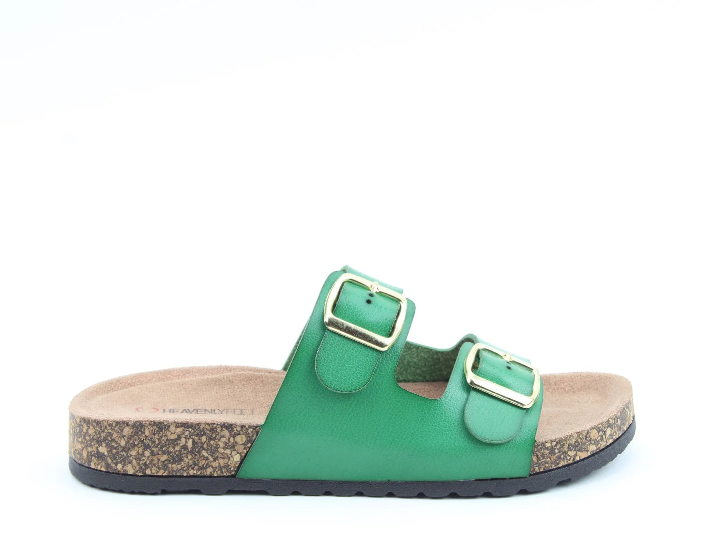 Discover the Harmony2 Sandal: a vegan-friendly green sandal with dual adjustable straps featuring metallic buckles, set on a cork sole with a textured black base.