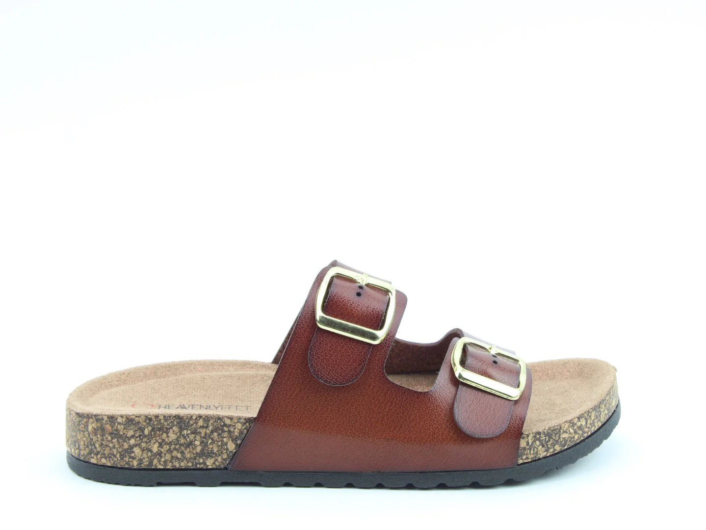 The Harmony2 Sandal features a vegan-friendly design with two adjustable buckle straps and a cork-textured sole, all showcased against a white backdrop.