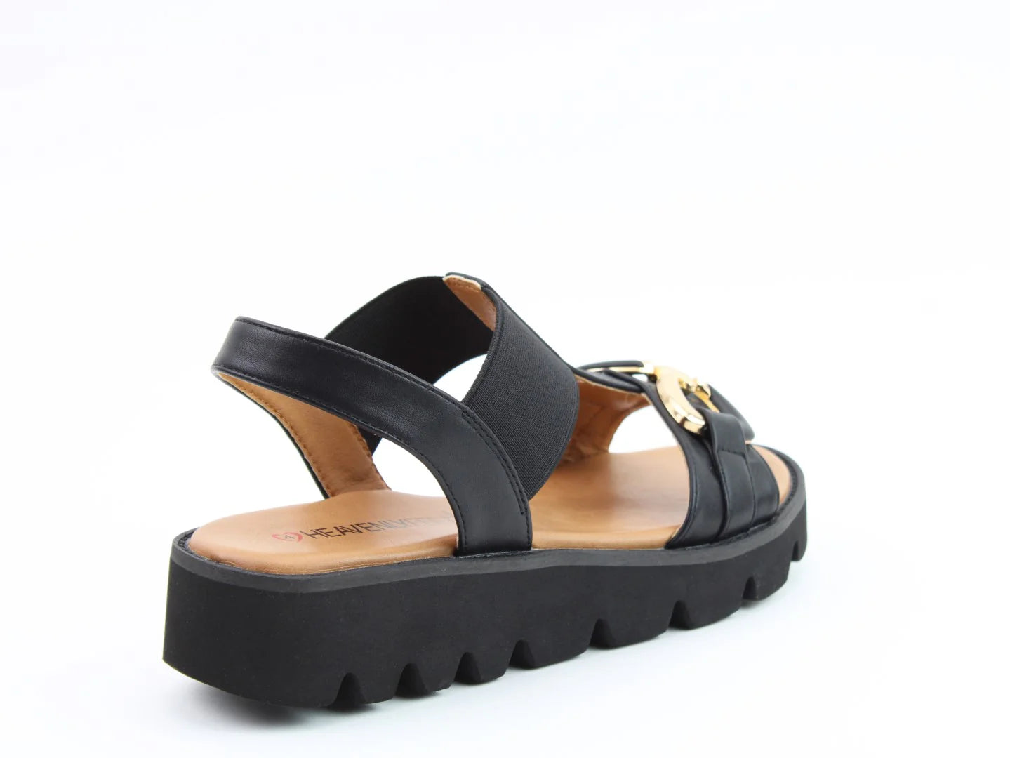 Vegan-friendly black platform sandal with thick straps and a wedge sole, featuring an embellished gold detail on the front. Styled as Lulu2 Sandals with the comfort of Litesoles, set against a plain white backdrop.