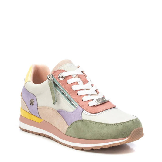 A multicoloured trainer with green, purple, pink, beige and yellow accents, featuring white laces, a side zip and a rubber sole—perfect Womens Multi Colour Trainers for bold style.