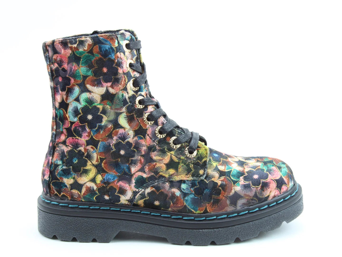 A side view of vegan-friendly boots with a thick black sole and a colourful floral-patterned upper, featuring memory foam insoles, set against a white background.