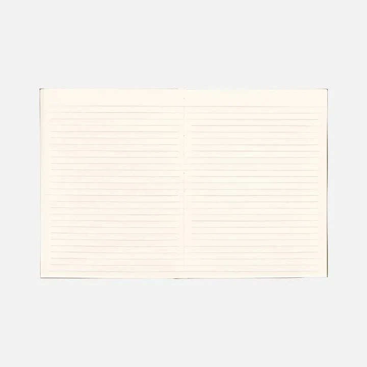 An open Creative Writing Journal with cream-coloured, lined pages, separated into four rectangular sections by horizontal and vertical lines.