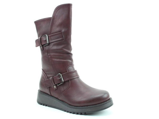 A single dark red leather mid-calf boot with two decorative buckles, a low wedge heel, memory foam footbed, and a ridged black sole, shown on a white background.