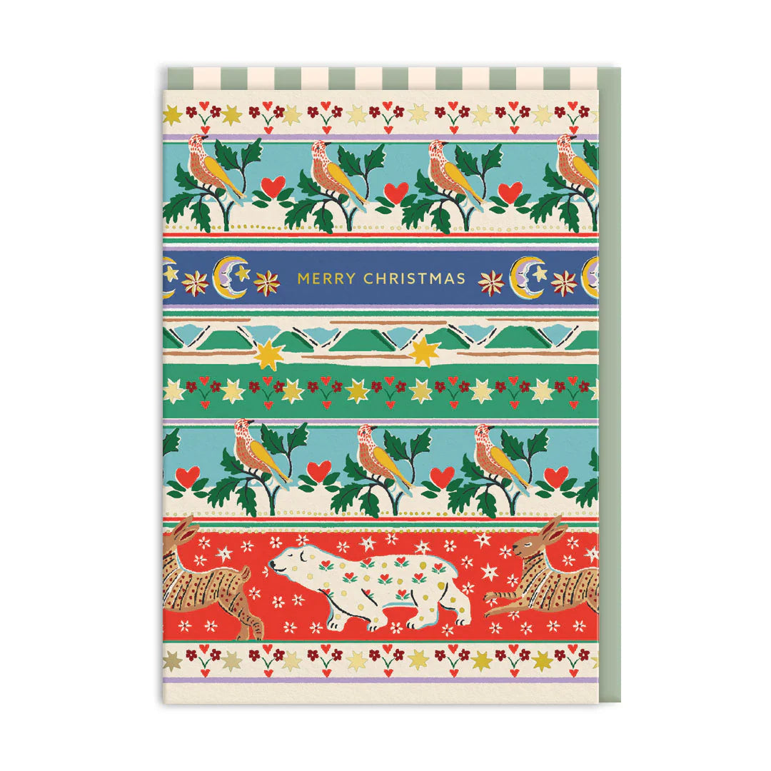 A Christmas card with colourful horizontal patterns featuring birds, foliage, hearts, stars, a polar bear, and the text Merry Christmas in the centre.