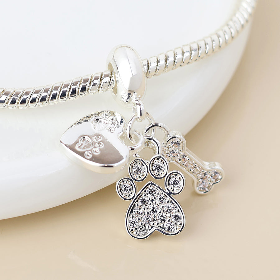 A silver paw charm bracelet with three dangling charms—a heart, a paw print, and a bone—each decorated with sparkling stones. Ideal jewellery for pet owners to wear every day.