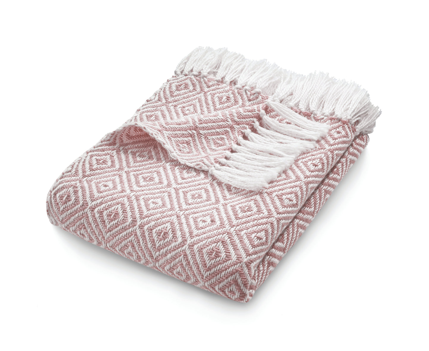 A folded pink and white sustainable throw with a geometric diamond pattern and fringed edges, made from recycled plastic bottles, displayed against a white background.