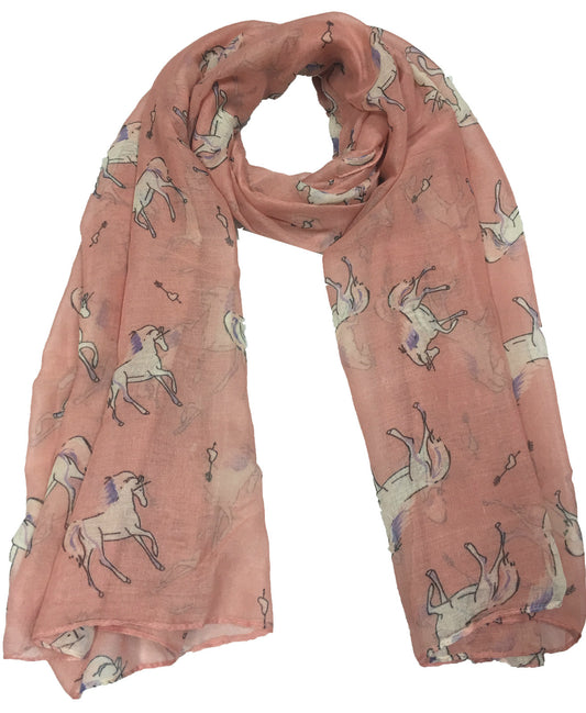 Pale pink scarf featuring a repeating pattern of illustrated white horses in various poses—a delightful vegan accessory and ideal unicorn-themed addition to any outfit.