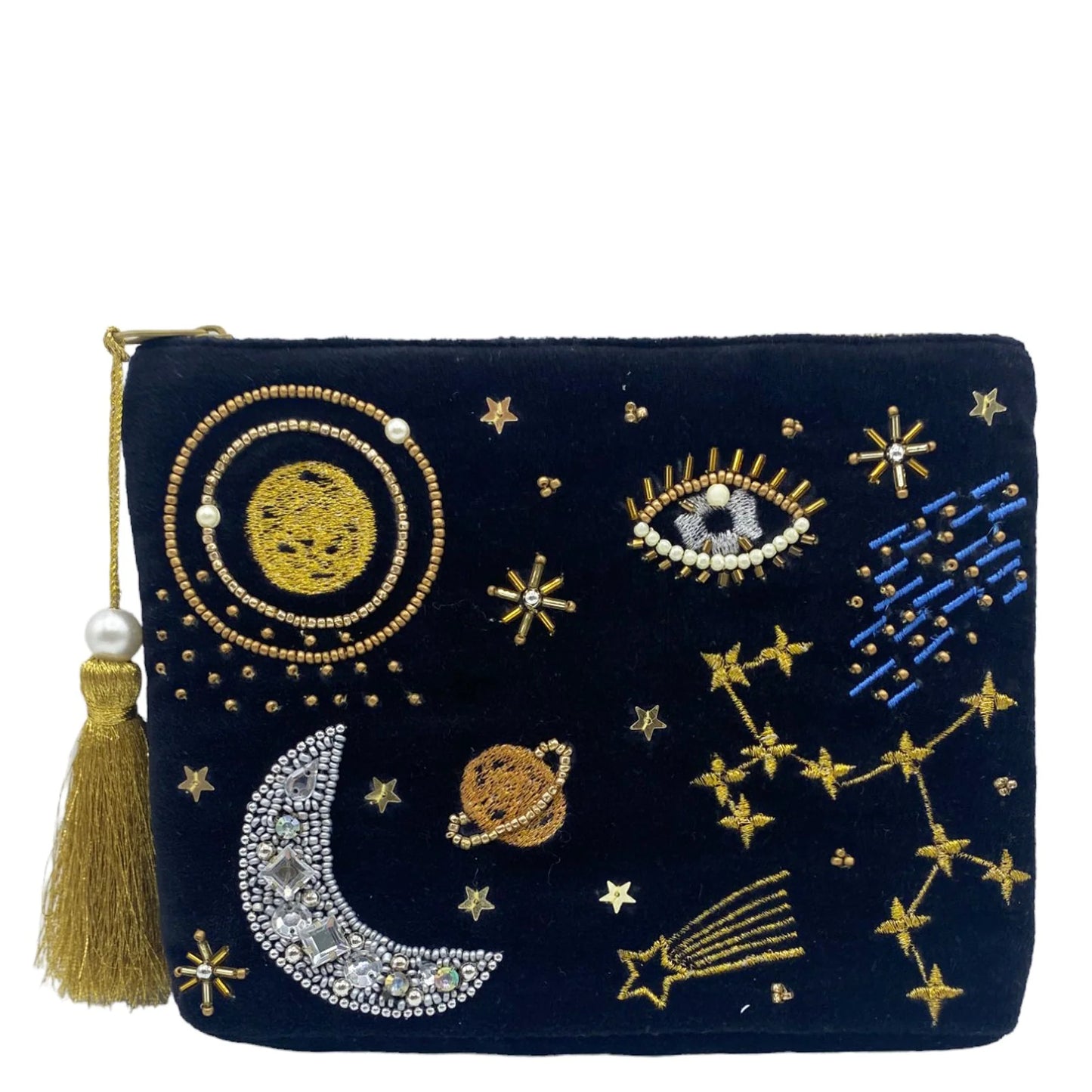 A black, vegan-friendly clutch bag adorned with gold, silver, and blue beaded celestial motifs—including stars, planets, a crescent moon, and an eye—with a gold tassel on the zip. Ideal as a statement make-up pouch.