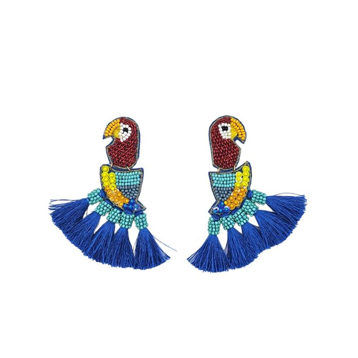 A pair of colourful Parrot Earrings shaped like beaded parrots, featuring red, yellow, and blue beads with blue tassels at the bottom—perfect for anyone who loves unique earrings.