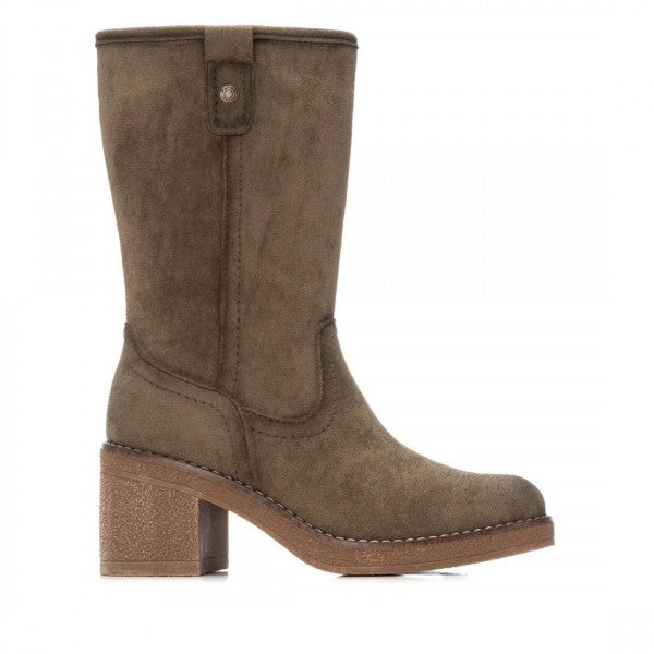 Side view of a mid-calf, khaki vegan boot in faux suede featuring a chunky heel and stitched detailing, shown against a white background—ideal for those who appreciate cruelty-free fashion.