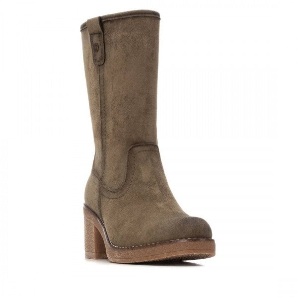 A single mid-calf, brown faux suede boot with a block heel and rounded toe, shown at an angle against a white background—ideal for cruelty-free fashion enthusiasts.