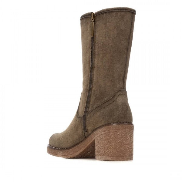 A mid-calf khaki vegan faux suede boot with a side zip and chunky block heel, photographed against a plain white background—a perfect choice for cruelty-free fashion.