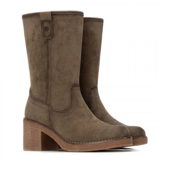 A pair of khaki, vegan faux suede boots with mid-calf height, block heels, and pull tabs, displayed on a white background—ideal for fans of cruelty-free fashion.