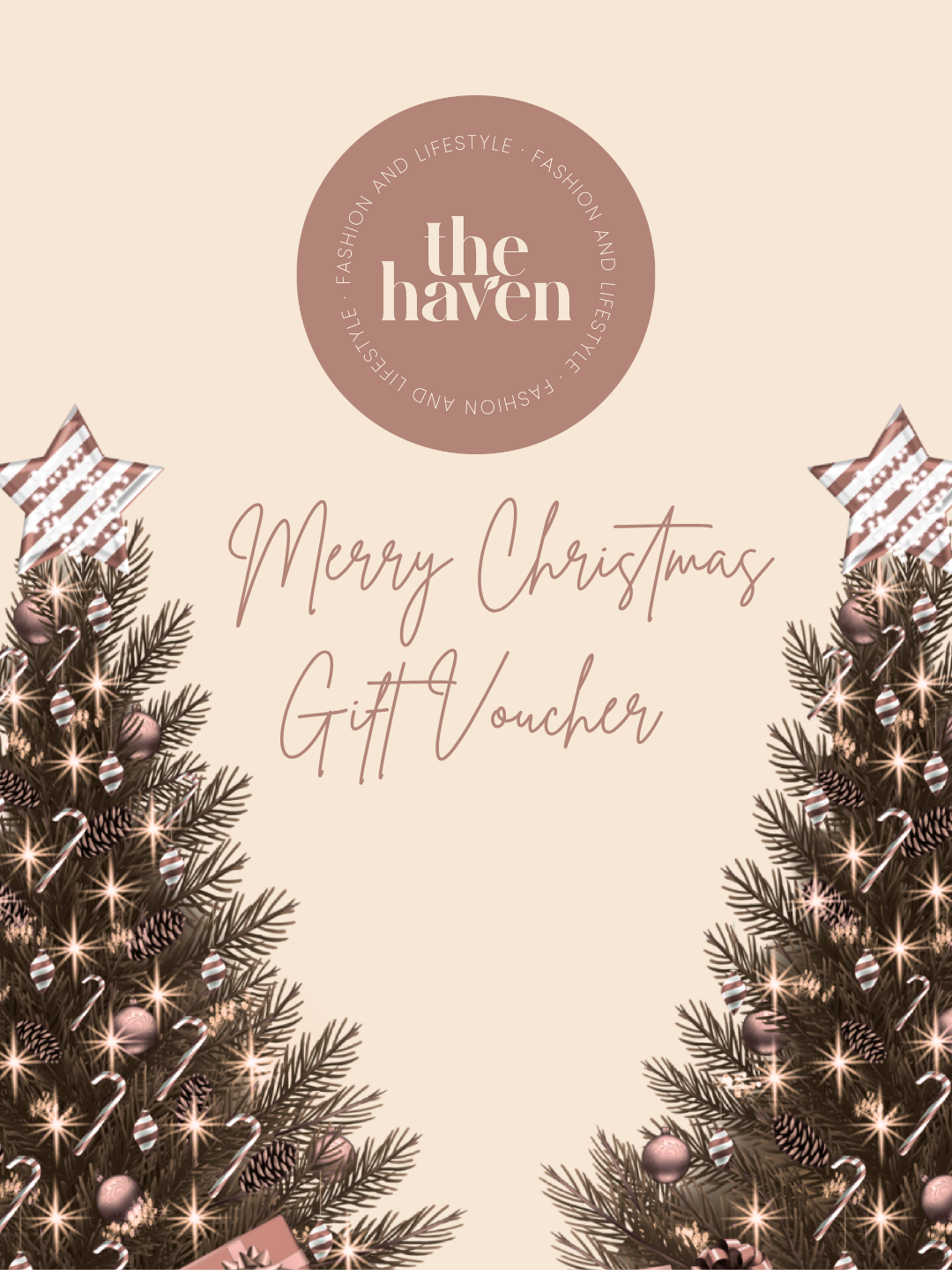 A Haven Fashion gift card featuring the text "Merry Christmas Gift Voucher", adorned with Christmas trees, stars, and festive decorations on a beige background.