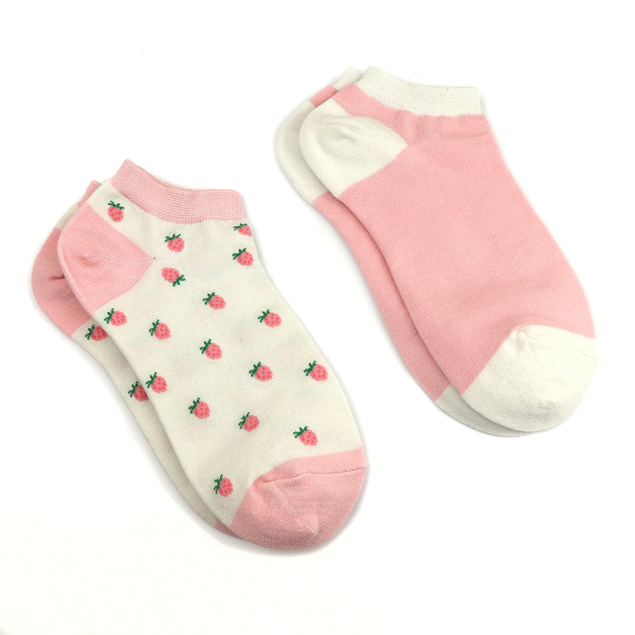 Two pairs of Pink & Cream Dainty Strawberry Trainer Socks, featuring pink strawberries and subtle accents, are displayed on a white background—perfect for those who love stylish organic cotton socks.