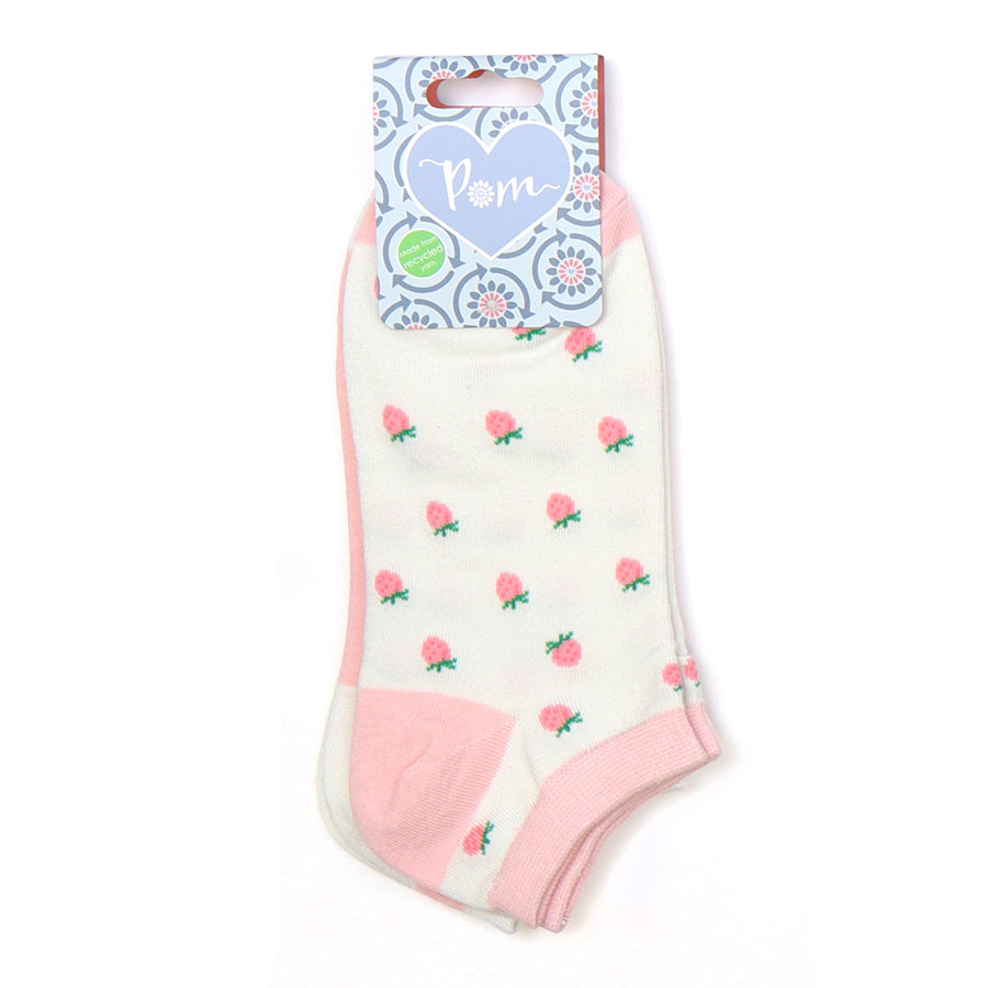 A pair of Pink & Cream Dainty Strawberry Trainer Socks crafted from organic cotton, featuring pink rose patterns and pink accents—an adorable choice for sustainable fashion, presented in Pom packaging.