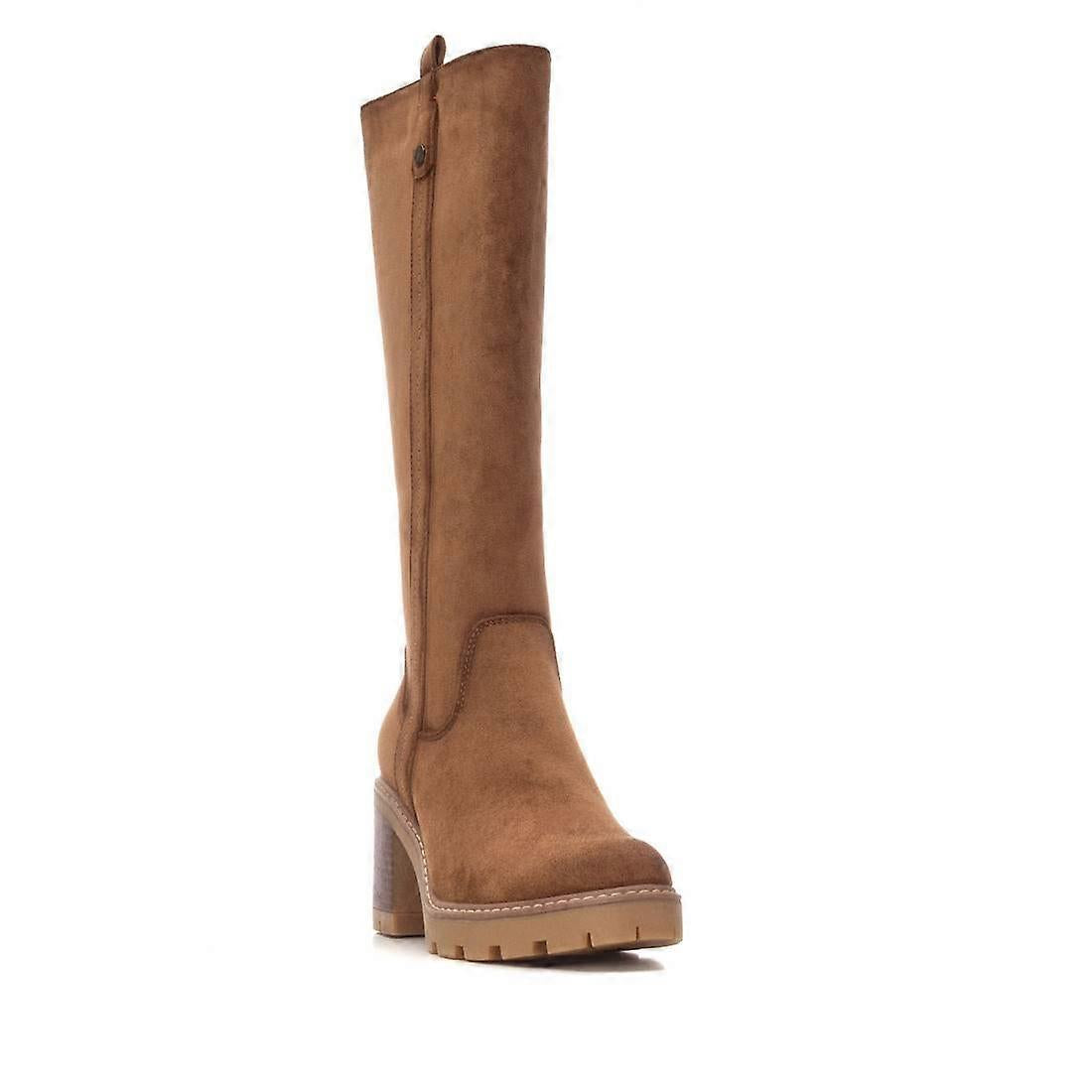 Brown faux suede knee-high boot featuring a mid-height block heel, side zip fastening, and rounded toe, shown against a white background. Fashionable vegan-friendly boots suitable for any occasion.
