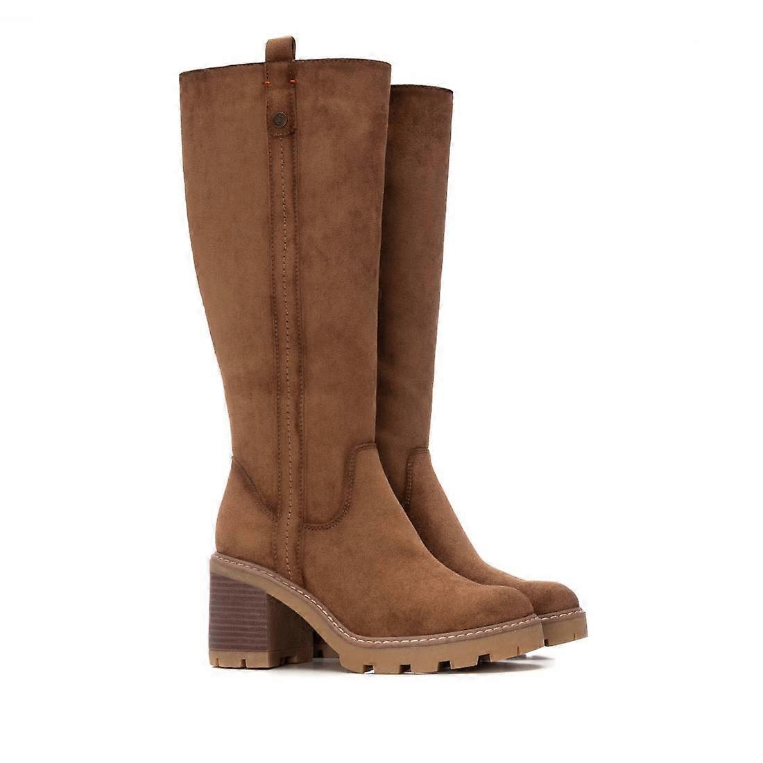 A pair of taupe faux suede, vegan-friendly knee-high boots with block heels, side stitching, and lugged rubber soles, displayed against a white background.