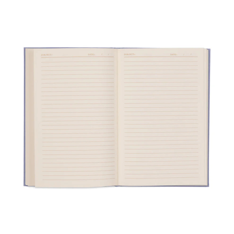 An open planner notebook with lay-flat binding shows two blank, lined pages, each with spaces for Subject and Date at the top.