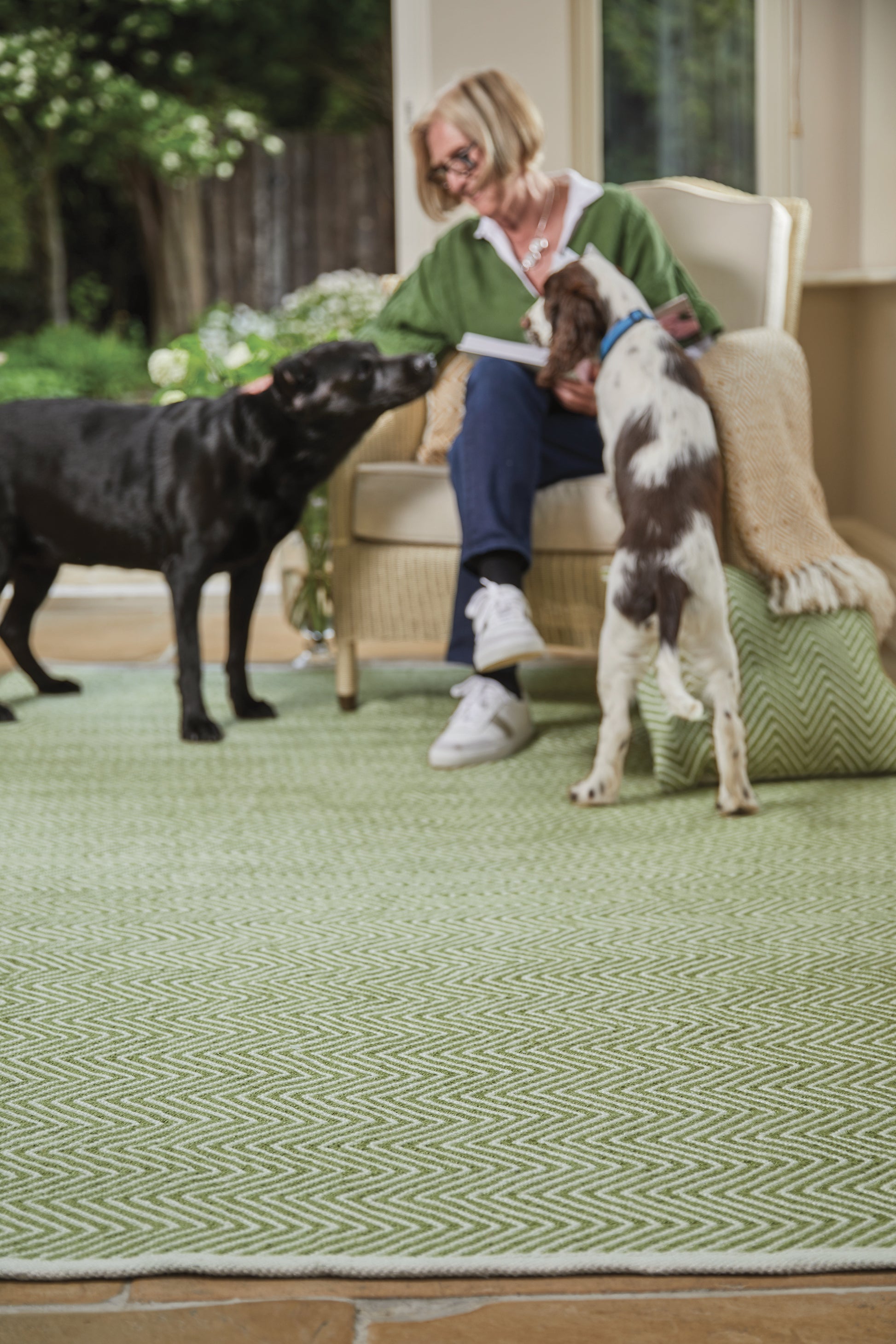 A person sits in a chair stroking two dogs, one black and the other white with brown spots, on a green patterned Herringbone Washable Rug made from recycled plastic bottles indoors.