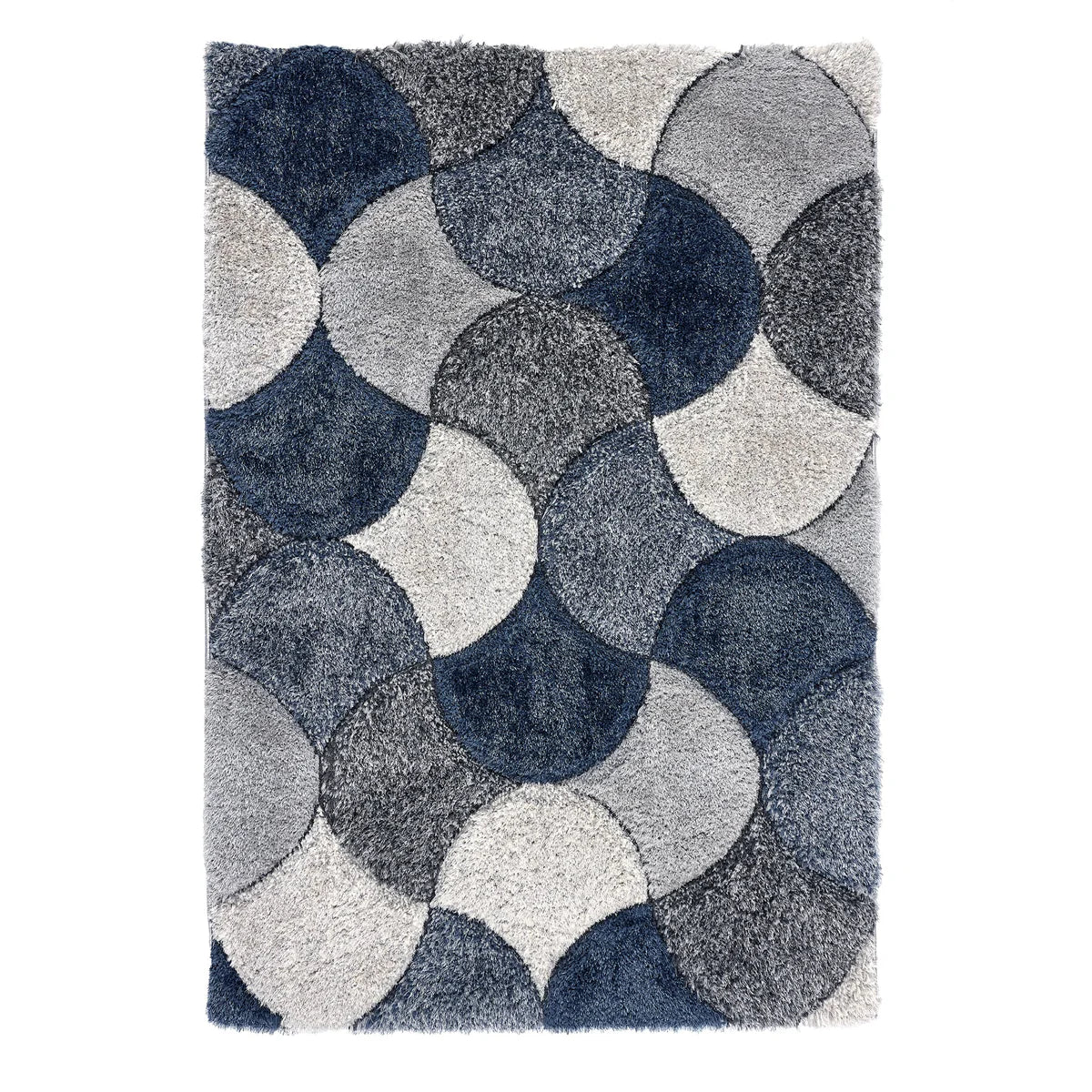 A contemporary rug with a geometric pattern of overlapping circles in blue, grey, and white; this hard-wearing polyester rug brings modern style to any room.