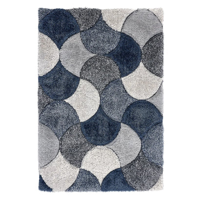 A contemporary rug with a geometric pattern of overlapping circles in blue, grey, and white; this hard-wearing polyester rug brings modern style to any room.