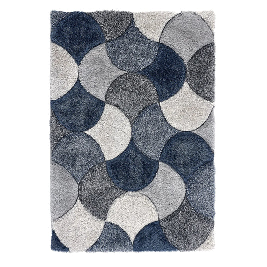 A contemporary rug with a geometric pattern of overlapping circles in blue, grey, and white; this hard-wearing polyester rug brings modern style to any room.