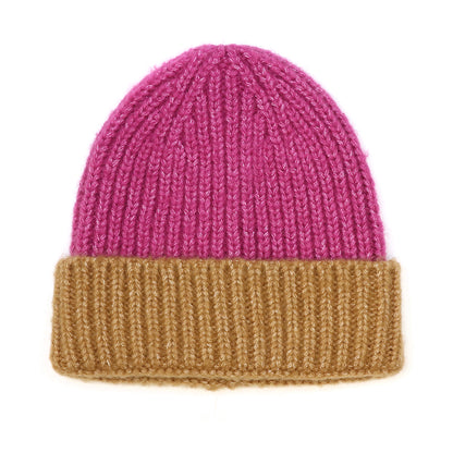 A cosy Magenta and Coffee Beanie Hat with a pink crown and wide, folded brown cuff; this colourful winter hat is shown against a white background.