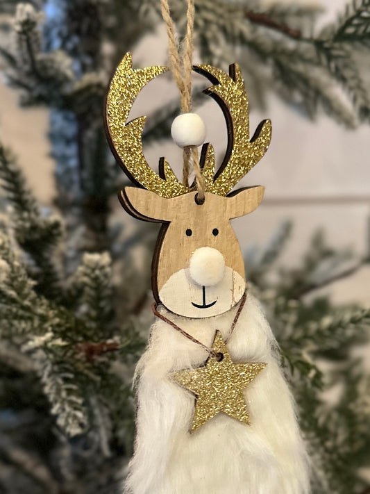 A festive ornament, this wooden reindeer decoration with gold glitter antlers and a gold star adds charm as a Deer Christmas Hanging Decoration to your holiday tree.