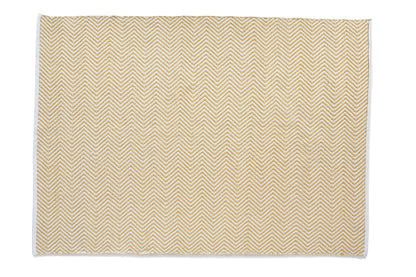 A square beige rug with a zigzag pattern, crafted from herringbone recycled plastic bottles for a sustainable touch.