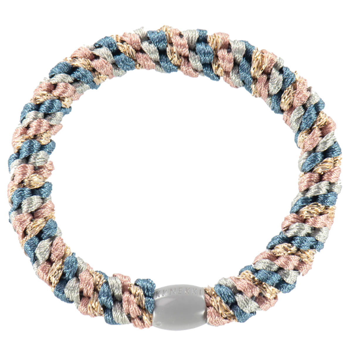 Plaited bracelet featuring interwoven strands of blue, pink, and metallic threads with a grey clasp, exhibiting superior strength.