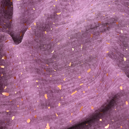 Close-up of a Purple Gold Shimmer Summer Scarf, highlighting its textured, vegan-friendly fabric with scattered gold flecks that create a striking shimmering effect—ideal as a summer accessory.