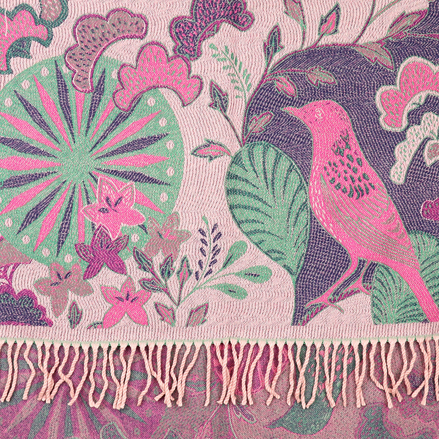 Textile pattern featuring a pink bird and vibrant floral motifs, this luxurious jacquard scarf boasts reversible sides and fringed edges, creating an elegant garden-inspired accessory.