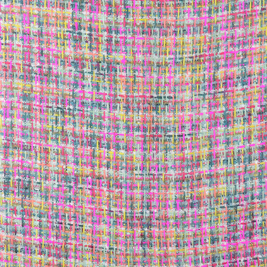 Close-up of a colourful multicoloured woven scarf showcasing a grid pattern with pink, yellow, blue, and white threads interlaced in a textured design—ideal for sustainable fashion enthusiasts.