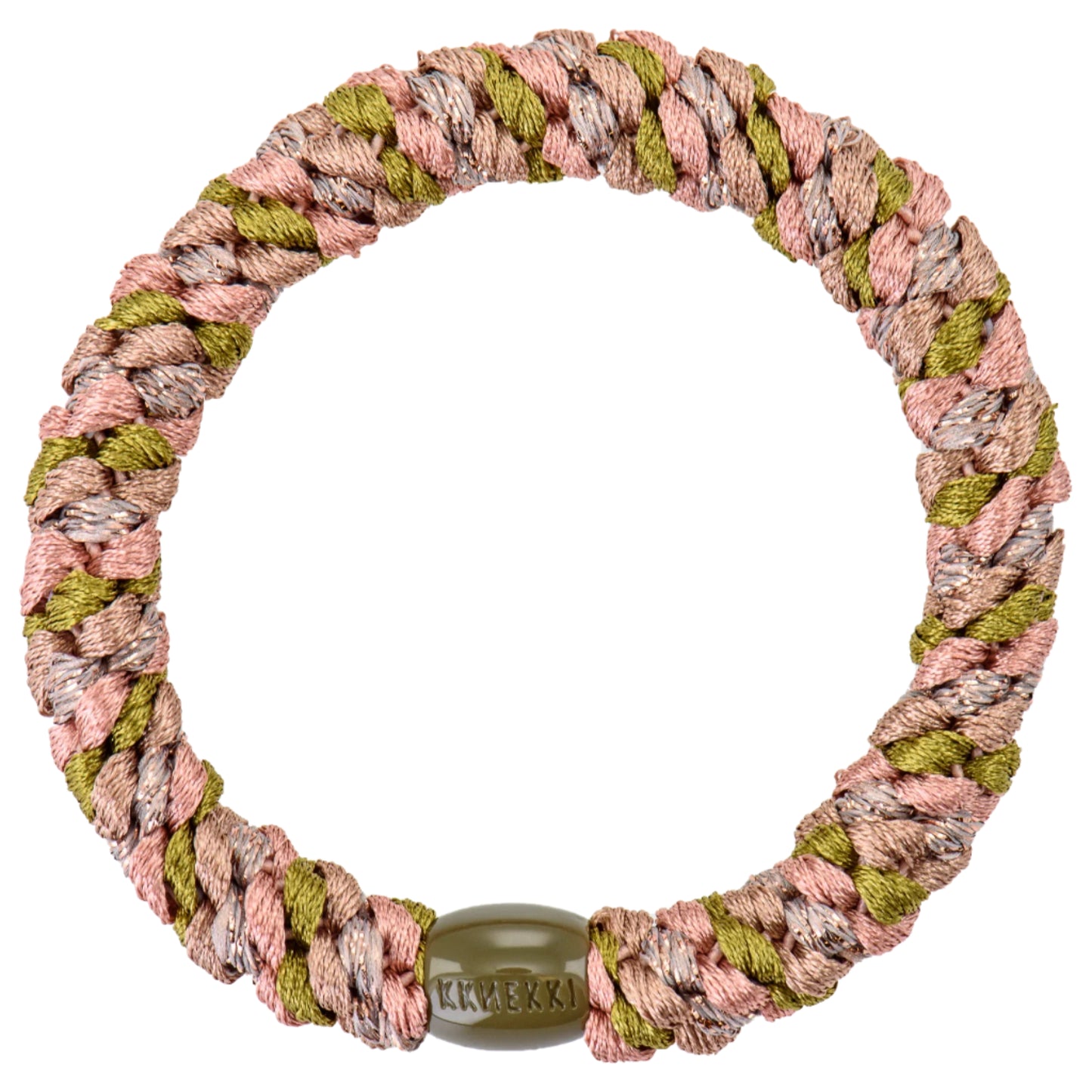 Braided rope circle with pink, brown, and green strands, crafted for superior strength and secured with an oval olive-green bead at the bottom—a combination thats ideal for preventing hair damage.