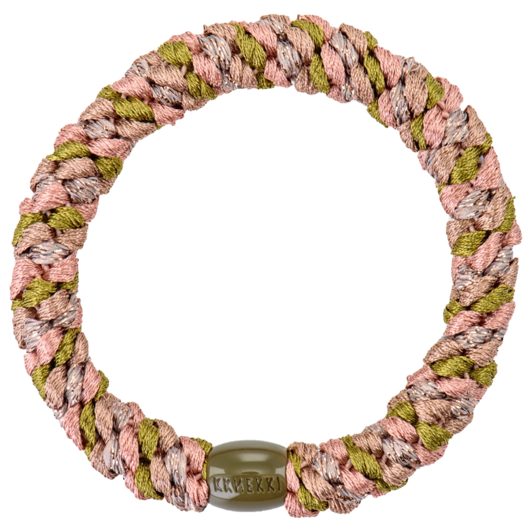 Braided rope circle with pink, brown, and green strands, crafted for superior strength and secured with an oval olive-green bead at the bottom—a combination thats ideal for preventing hair damage.