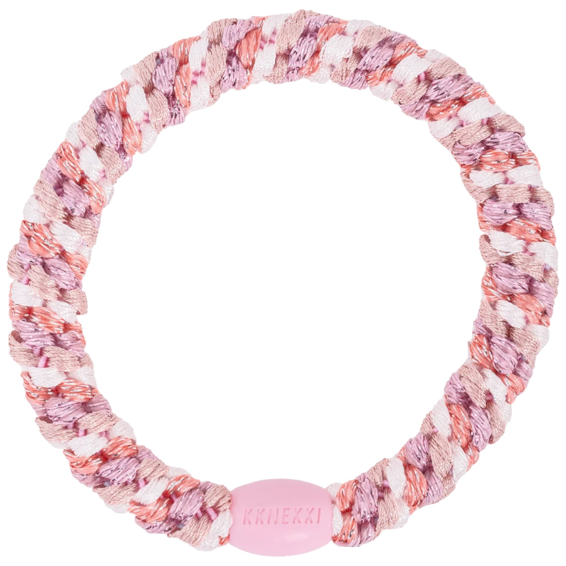 A plaited hair tie featuring pink, purple, and white strands, with a pink plastic clasp labelled Kknekki. This Mix Dusty Rose Pink Glitter Hair Band is designed to prevent hair damage.