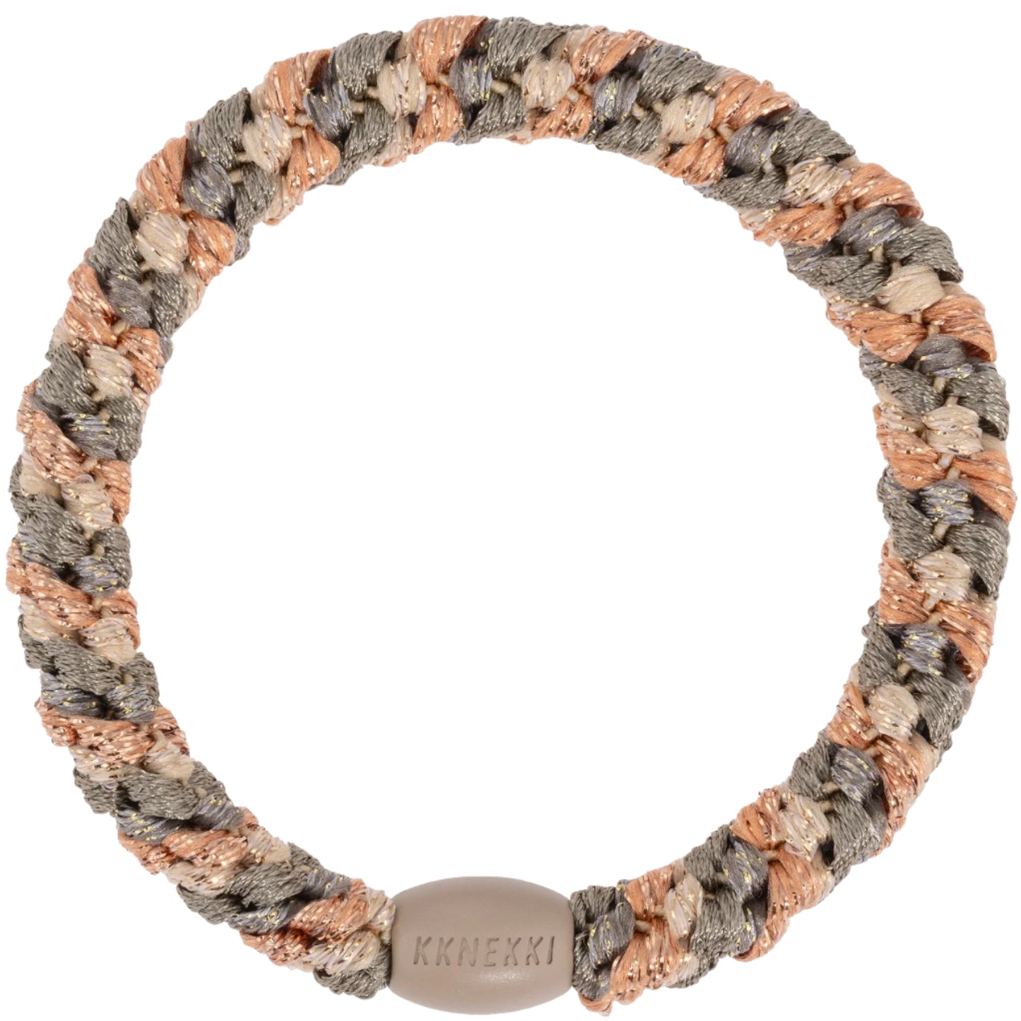 The Mix Rosegold Camo Glitter Hair Band is a woven elastic hair tie featuring a blend of grey, tan, and peach colours with a small branded bead, designed to prevent breakage.