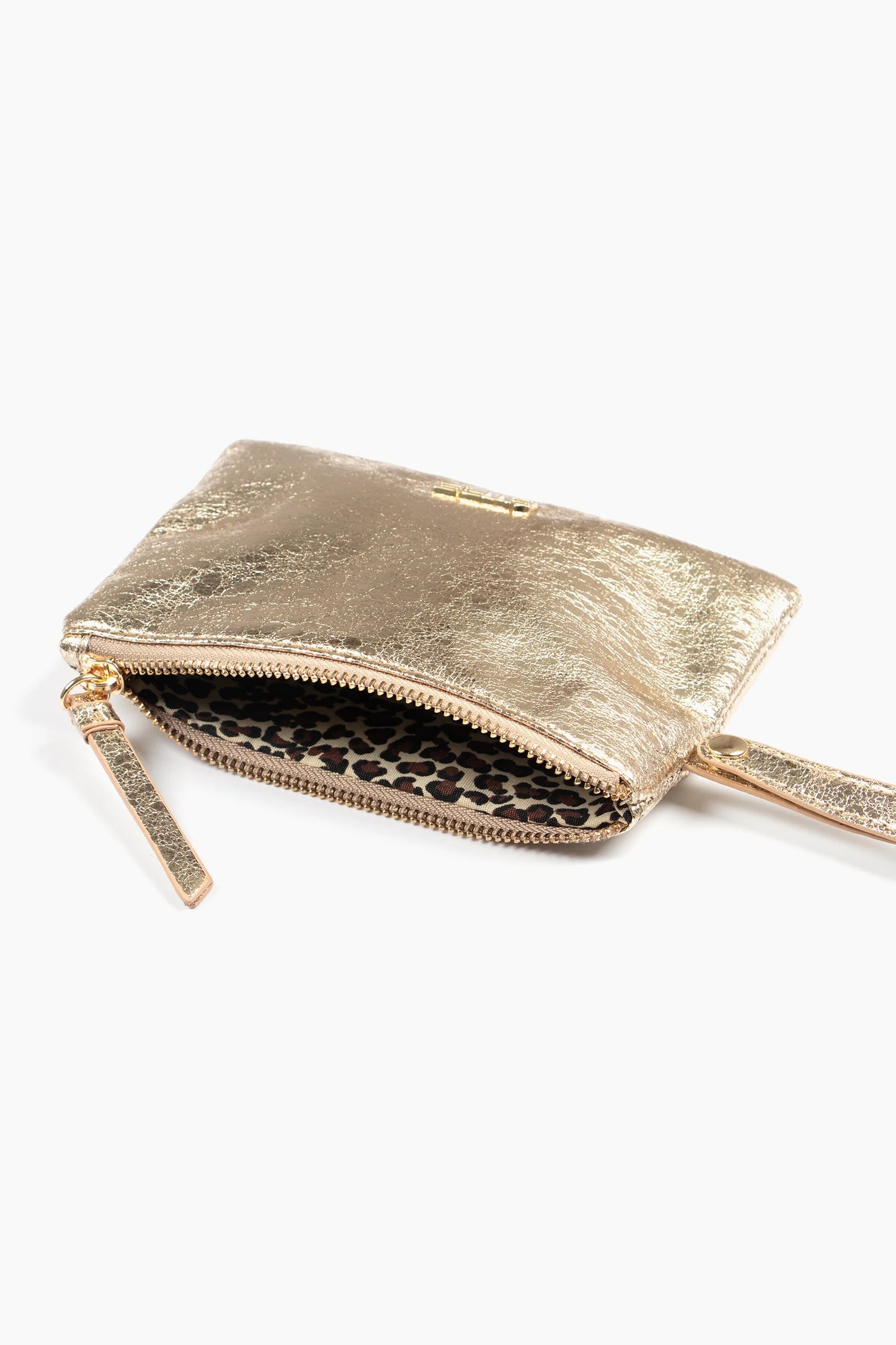 A small metallic gold clutch wristlet purse with a zipped fastening and wrist strap, shown partly open to reveal a leopard-print interior lining.