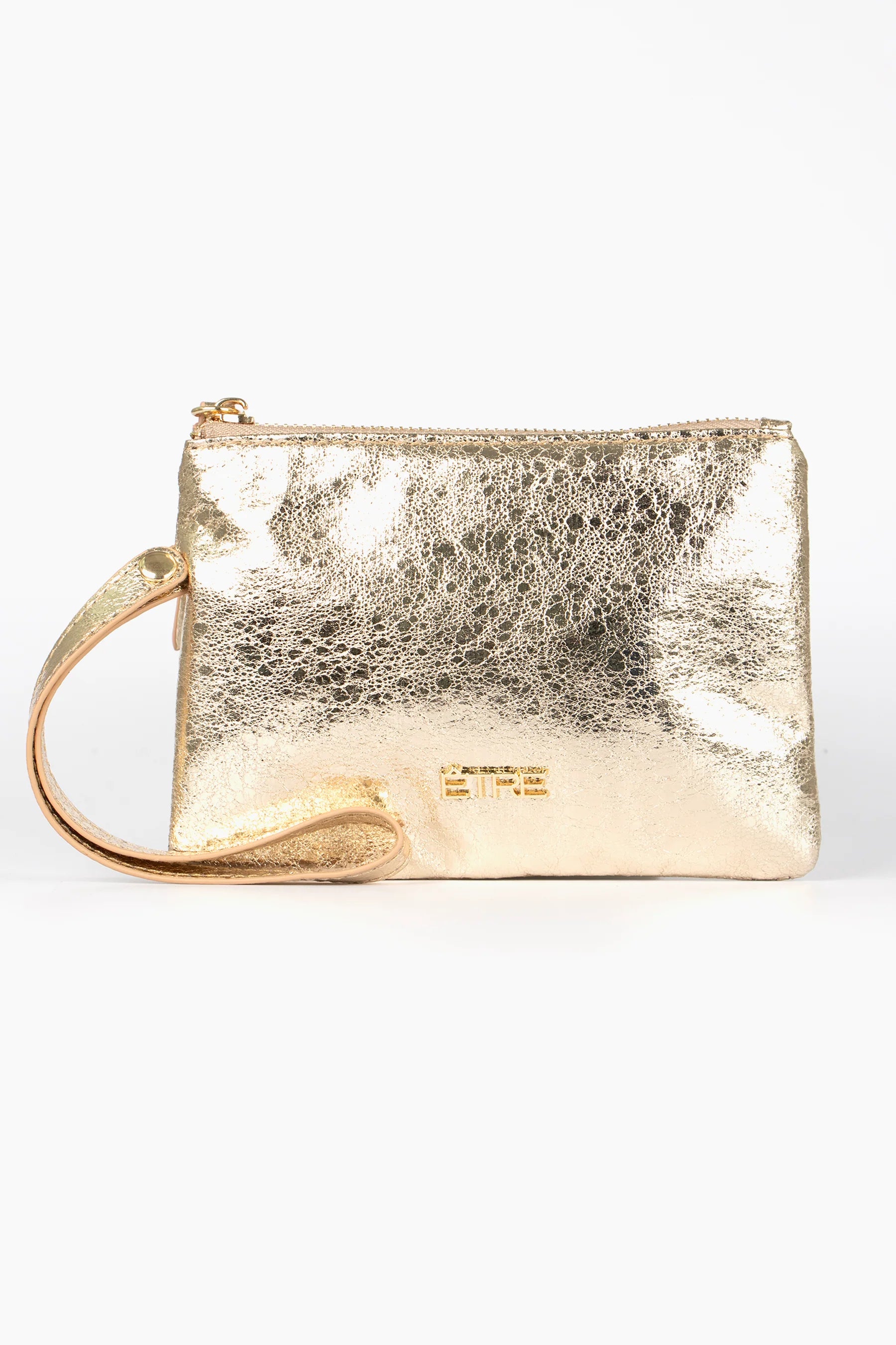 A small gold metallic faux leather clutch bag with a wrist strap and zip fastening, shown against a plain white background.
