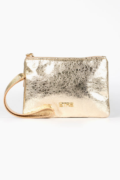 A small gold metallic faux leather clutch bag with a wrist strap and zip fastening, shown against a plain white background.