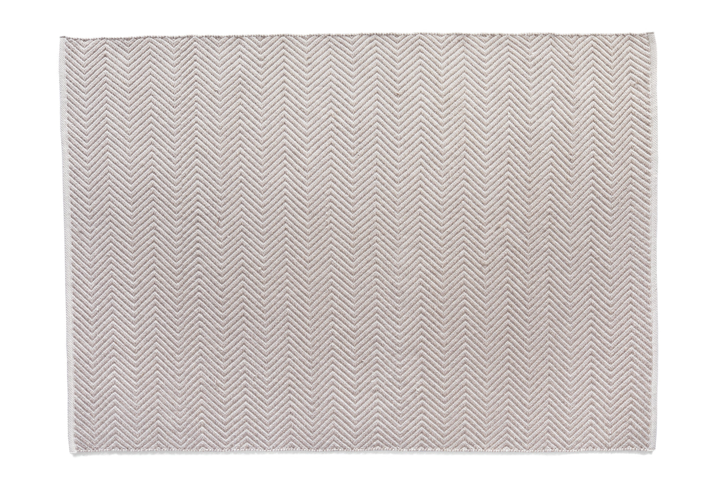 A square beige rug featuring a diagonal chevron pattern, crafted from recycled plastic bottles for sustainability, displayed on a crisp white backdrop.