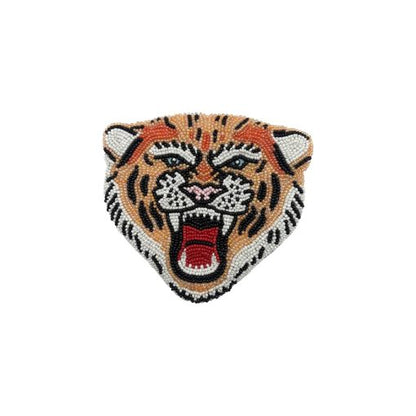 Beaded patch featuring a tiger’s head with an open mouth, displaying teeth and tongue, made from vegan-friendly materials on a plain white background.