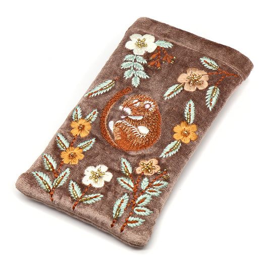 A taupe velvet glasses case adorned with embroidered flowers and leaves, featuring a curled-up sleeping mouse at the centre—ideal for protecting spectacles.