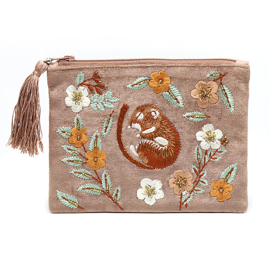 Beige velvet zipped purse featuring a gold tassel, adorned with embroidered flowers and a brown mouse at the centre.