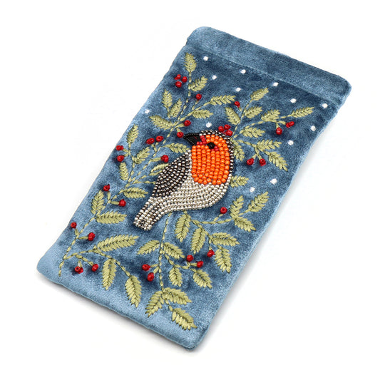 A Blue Velvet Glasses Case adorned with an embroidered robin, green leaves, and red berries, ideal for keeping your spectacles stylishly protected.